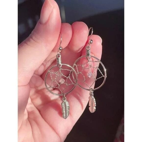 Southwestern Silver Dreamcatcher Statement Earrings – Boho Sterling-Tone Feather - Picture 3 of 10